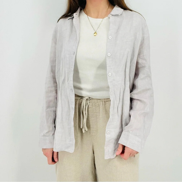 100% linen cobblestone gray boho minimalist button down layering top / shirt - Picture 1 of 8